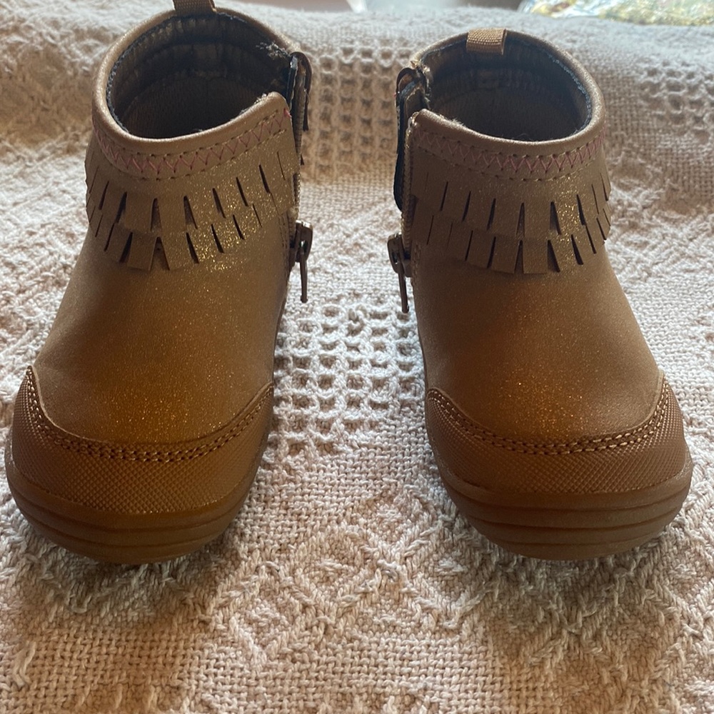 Stride Rite 360 tan w/ pink stitching on top zip up toddler booties size 5